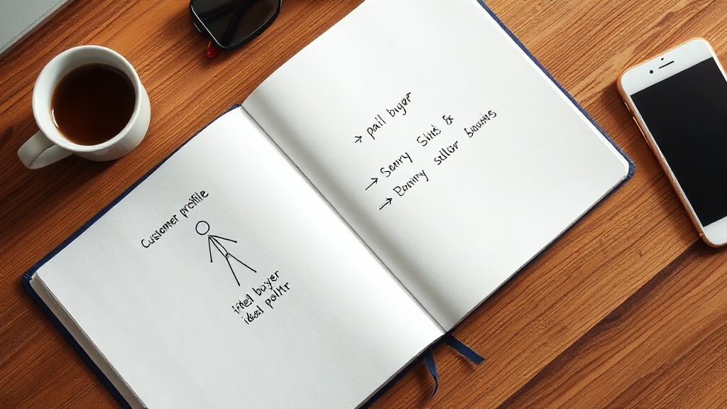 Notebook with handwritten ideal customer profile sketch, pain points, and dollar sign on wooden desk with coffee