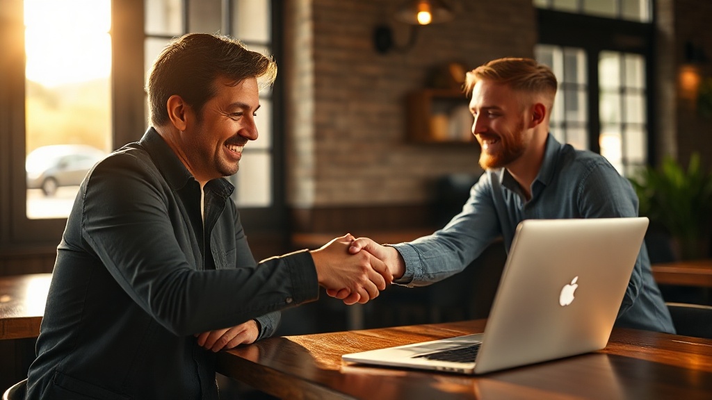 Founder shaking hands with first customer at café table with payment confirmation on laptop screen